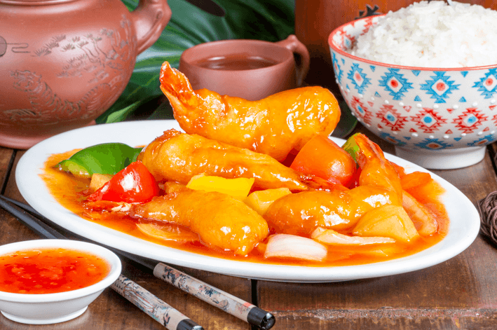 214.RIZ BEIGNETS DE CREVETTES A LA SAUCE AIGRE-DOUX